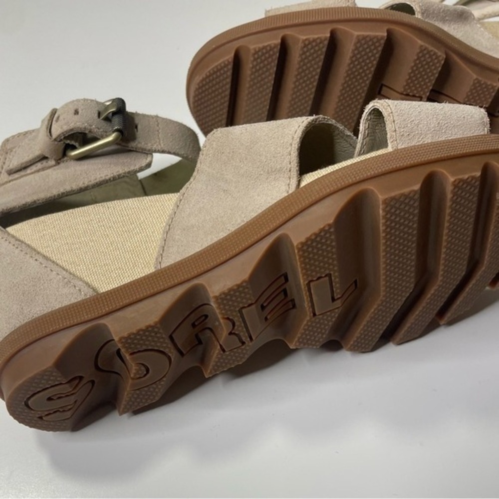 Sorel Women's Beige Suede Wedge Ankle Strap Zip Sandals Size 8.5 - Picture 3 of 7
